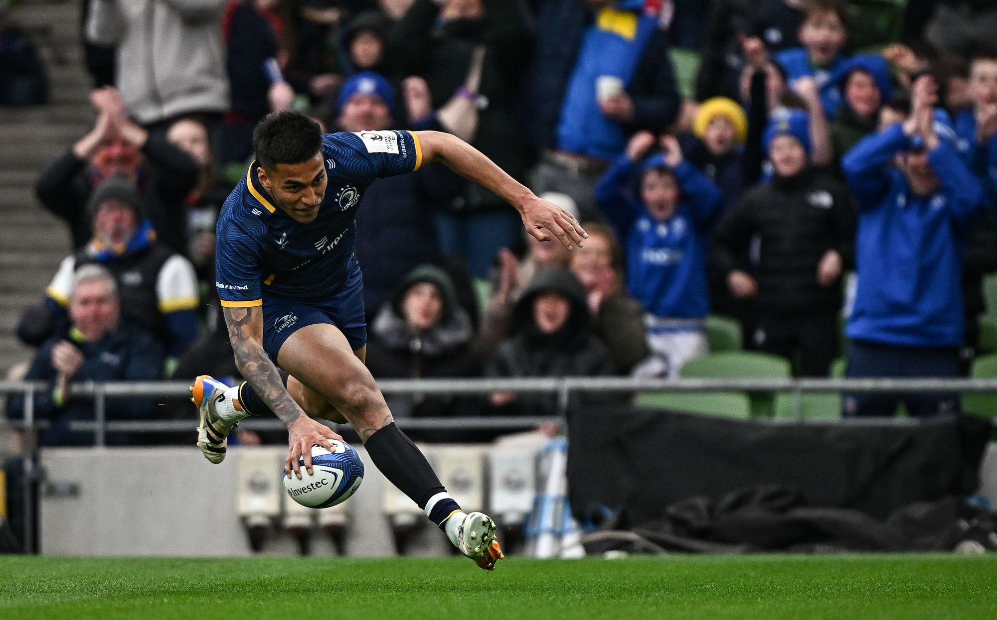 Leinster's Rieko Ioane touches down a try during his team's 2026 European Champions Cup quarter-final against Sale Sharks.