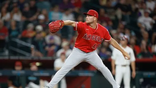 Reid Detmers #48 of the Los Angeles Angels throws a pitch against the Arizona Diamondbacks at Chase Field on June 16, 2026 in Phoenix, Arizona.