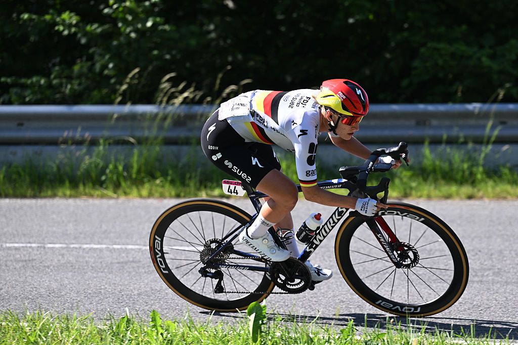 VILLARS-SUR-OLLON, SWITZERLAND - JUNE 21: Franziska Koch of Germany and Team FDJ United - SUEZ competes in the breakaway during the 10th Tour de Suisse Women 2026, Stage 5 a 100.4km stage from Villars-sur-Ollon to Villars-sur-Ollon 1249m / #UCIWT / on June 21, 2026 in Villars-sur-Ollon, Switzerland. (Photo by Tim de Waele/Getty Images)